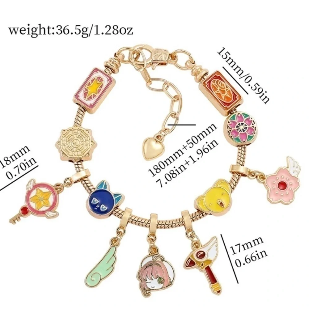 Gold Plated Cardcaptor Sakura Themed Anime Charm Bracelet Adjustable Sizing